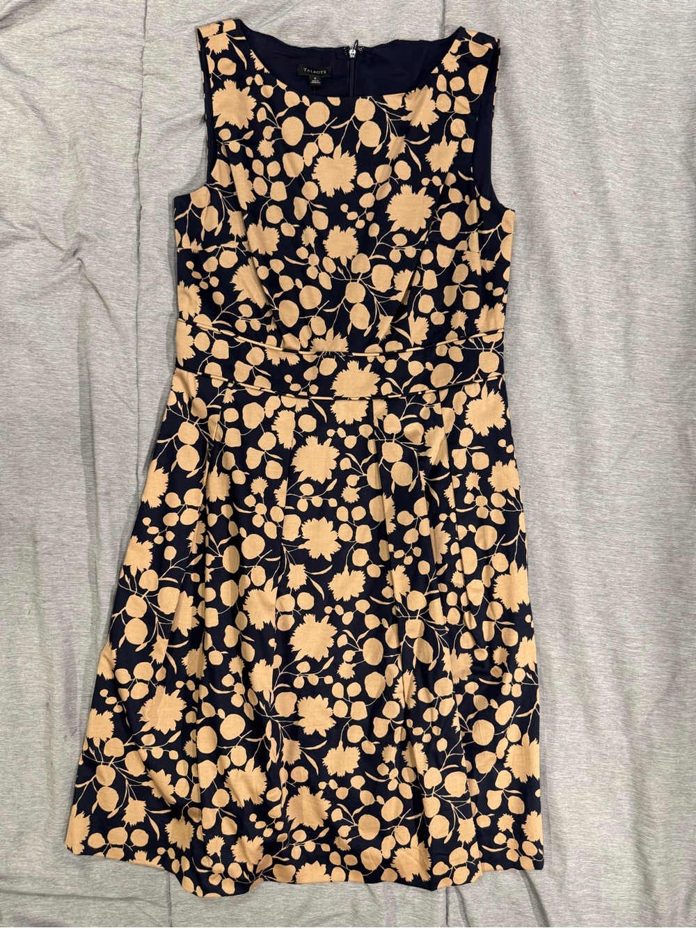 Talbots Navy Floral Sleeveless Fit & Flare Dress with Beige Blooms